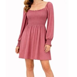 Charmed Hearts Smocked Mini Dress Womens M Mauve Pink Long Sleeve *NWT*